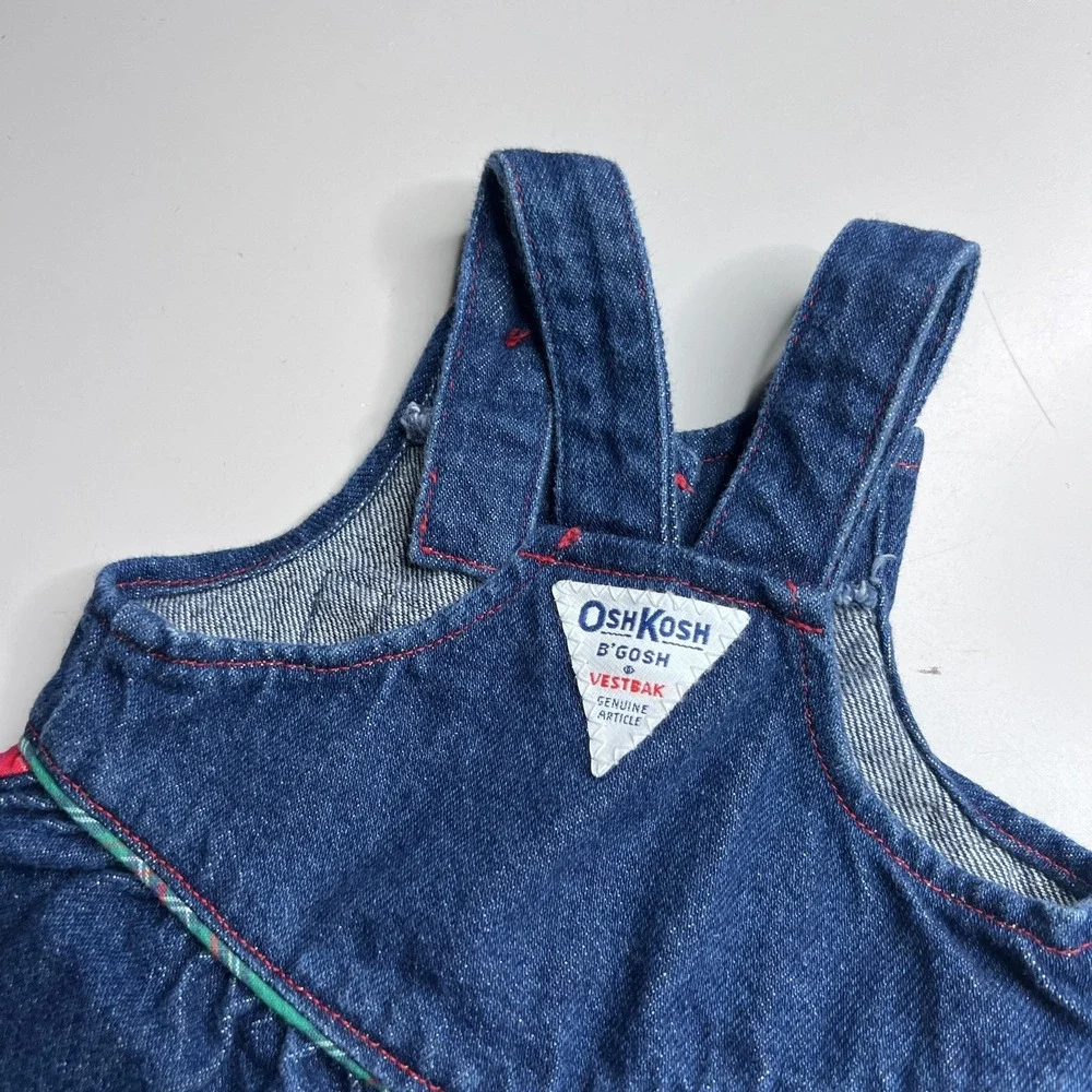 Vintage OshKosh B'gosh Overalls Girls 3-6 Months Blue Denim Plaid Vestbak Romper